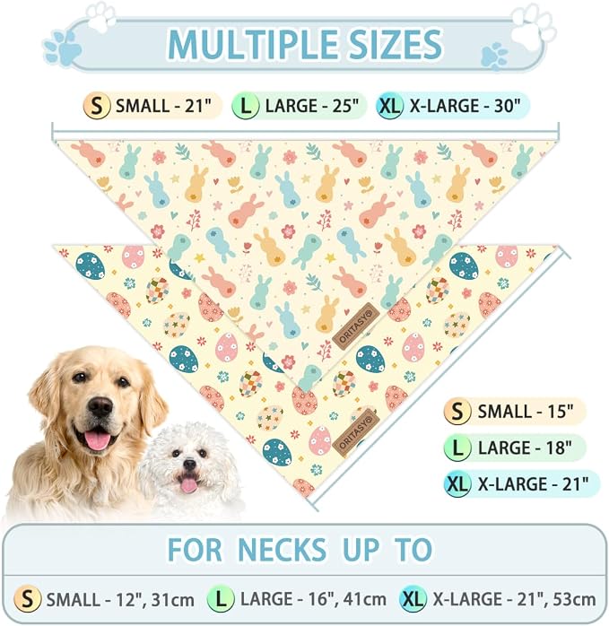 Easter Dog Bandanas, 2-Pack Triangle Reversible Bunny Eggs Pet Scarves, Premium Fabric, Bandana for All Boys Girls Dogs (Classic, One Size)