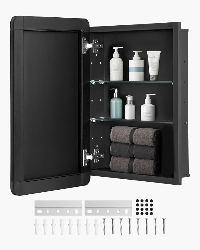 VEVOR Medicine Cabinet, 16 x 24 inch, Medicine Cabinet for Bathroom with Mirror, Aluminum Frame Bathroom Wall Cabinet, 2-Layer Adjustable Shelves, Recessed & Wall-Mounted Installation