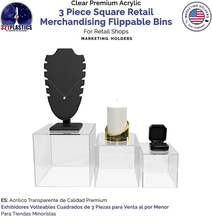 Acrylic Display Riser Boxes 3 Piece Clear Retail Product Riser 4", 5", 6" High Nesting Bins One Open Side No Lid Merchandise Storage Box by Marketing Holders