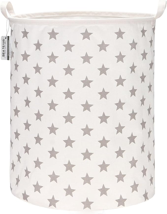 Sea Team Large Canvas Laundry Basket with Handles, Gray Stars | Collapsible Fabric Laundry Hamper, Closet Shelf Organizers, Containers for Clothing, Blankets, Toys, Bedding, 19.7 x 15.7”