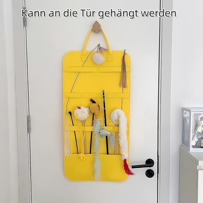 Felt Storage Bag for Cat Fishing Toy Pet Accessories Organiser Wall Mount Comb Chew Bone Collar Storage Hanging Bag Cat Toy Utensils Holder (Yellow)