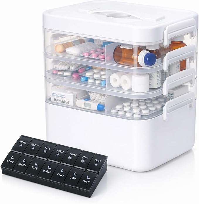 4-Tier Medicine Organizer, Medicine Cabinet Storage Box with 7 Day Pill Organizer 2 Times a Day, Stackable First aid Box with Hidden Handle, Home Organization Essentials