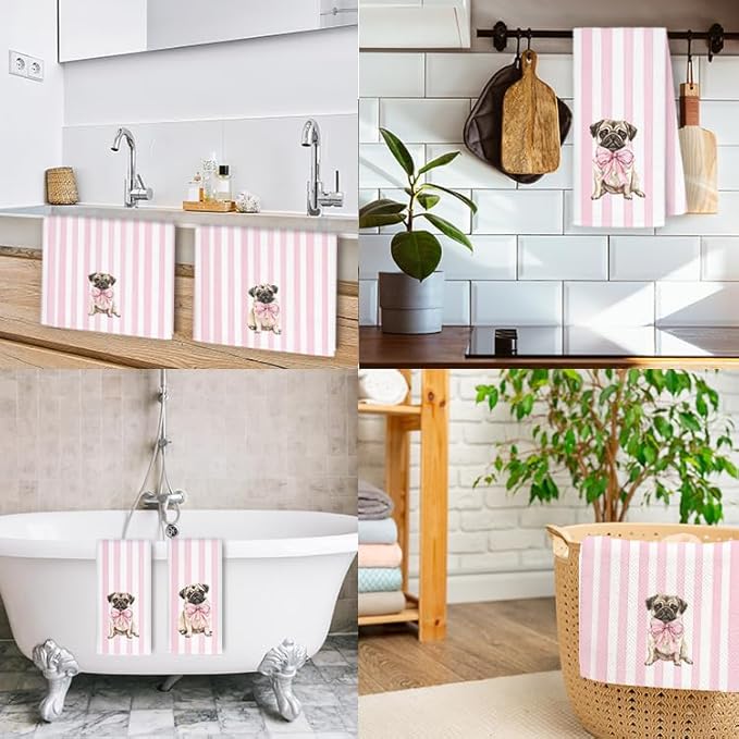Pink Coquette Pug Kitchen Towels, Pug Lover Gifts Dish Tea Towels for Kitchen Decor, Preppy Girly Dog Pink Striped Decorative Hand Towel Bathroom Decor, 16x24 Inch Set of 2