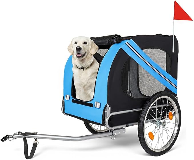 Dog Bike Trailer, Foldable Pet Bicycle Trailer with 20" Air-Filled Wheels, Universal Bike Hitch, Oxford Fabric & Steel Frame, Weather-Resistant Pet Carrier Cart for Small & Medium Dogs up to 66