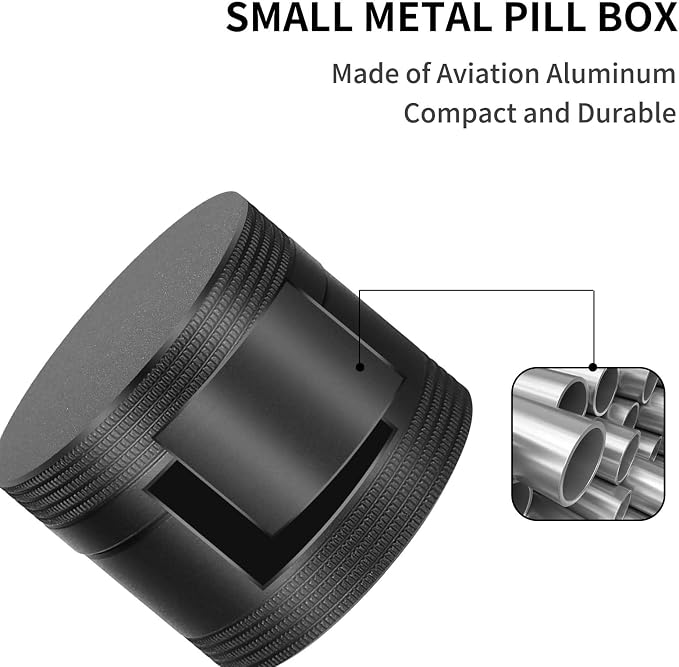 Small Daily Pill Box - Portable Waterproof Metal Pill Case for Purse | Travel Pill Container for Pocket, Aluminium Alloy Round Medicine Vitamin Organizer Unique Gift