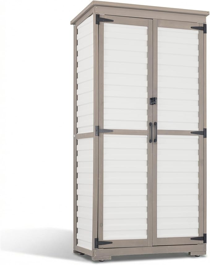 Outdoor Storage Cabinet – Store More in Less Space, Tall Vertical Garden Tool Organizer with 4 Shelves & Long Handle Storage, Weather-Resistant Patio Cabinet for Backyard, Garden, Side Yard
