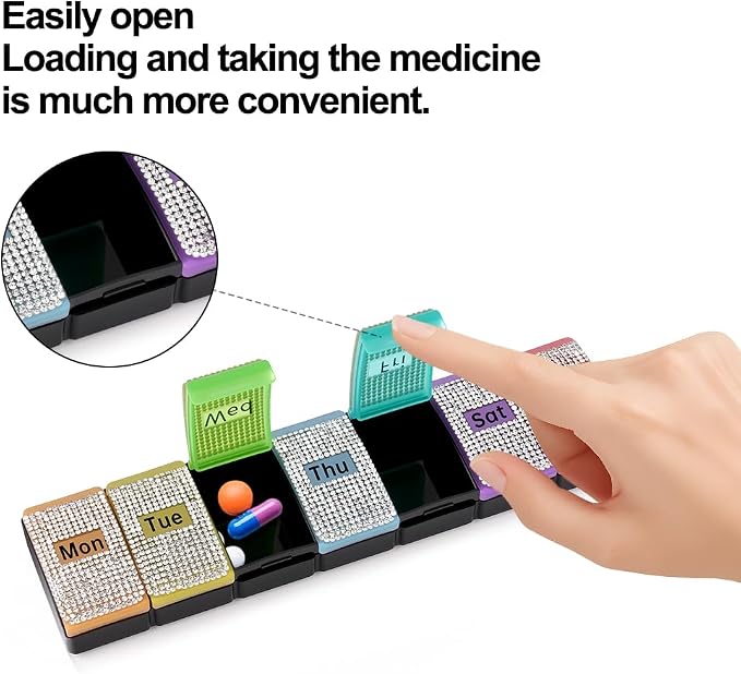 Diamond Weekly Pill Organizer Arthritis Friendly, BPA Free Travel 7 Day Pill Box Case and Large Compartment to Hold Vitamins, Cod Liver Oil, Supplements and Medication (Black)