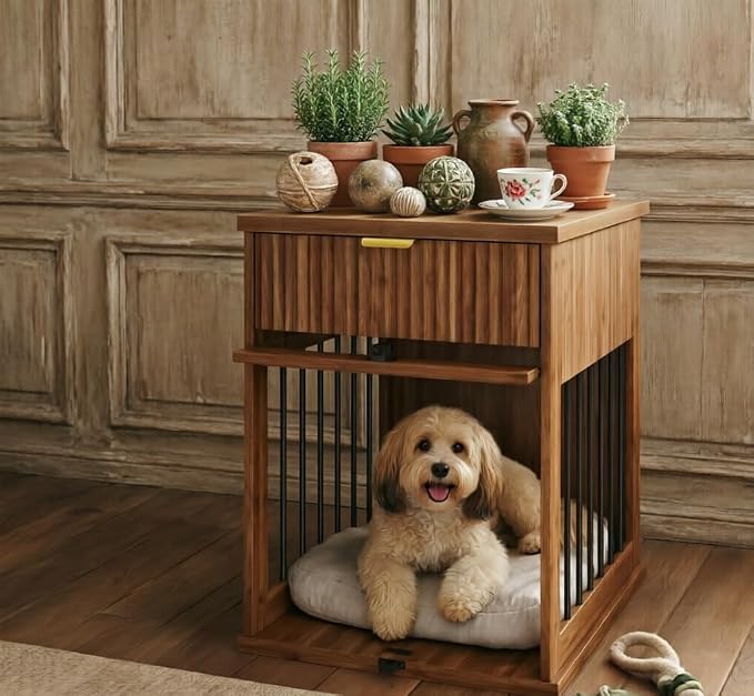 Dog Crate End Table w/Charging Station, Glass Door, Storage Drawer | Smart 3-in-1 design with built-in power hub.hideaway tempered glass door & deep drawer.Sturdy MDF build for small dogs.
