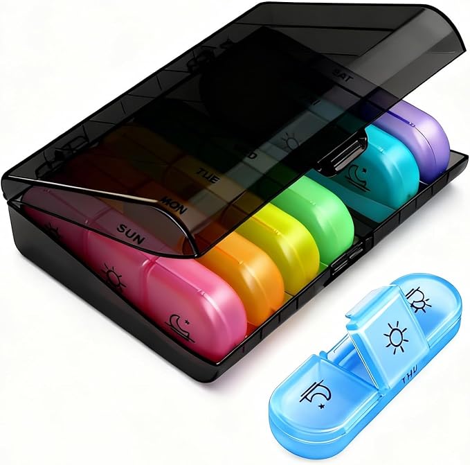 Weekly Pill Organizer 3 Times a Day, 7-Day Pill Boxes, Monthly Medication Organizer 21 Days Portable Compartments & Moisture-Proof Outer Case for Vitamins, Fish Oils, Supplements (Color)