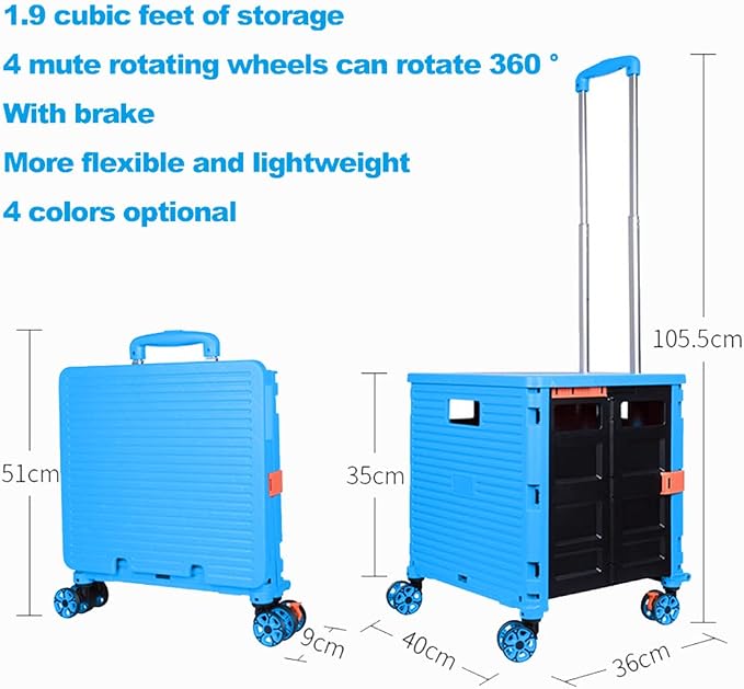 Foldable Utility Cart Folding Portable Rolling Crate Handcart Shopping Trolley Wheel Box with Lid Wear-Resistant Noiseless 360°Rotate Wheel for Travel Shopping Moving Storage Office Use (Sky Blue)
