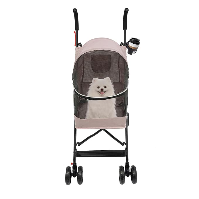 Pet Stroller, Foldable Pet Travel Stroller with Weather Cover, 2 Wheels Pet Strolling Cart for Small Medium Dogs Cats with Cup Holder Breathable Visible Mesh Outdoor Stroller for All-Season (Pink)