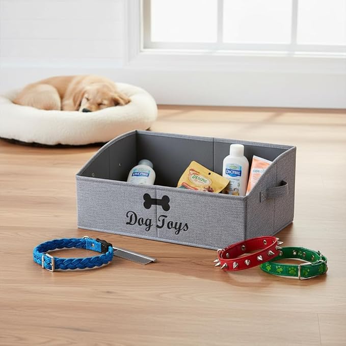 Morezi Linen-cotton blend dog toy basket and dog toy box, dog toy basket storage - Perfect for organizing pet toys, blankets, leashes, chew toys - Snow Grey - Dog