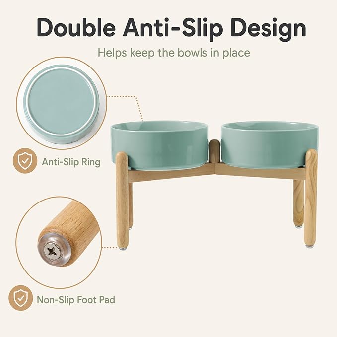 Havniva Ceramic Dog Bowls Elevated, Raised Dog Food Bowl for Large Dogs | 8.3” Elevated Dog Bowls, Non-Slip Wood Stand, Dog Food and Water Bowl Set, Dog Feeding Dish, Large Capacity Pet Water Bowl