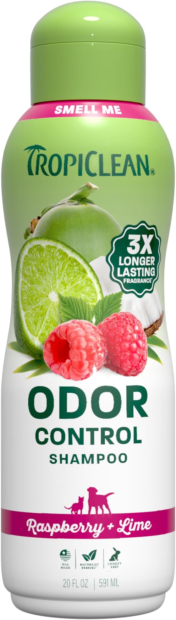 TropiClean Deodorizing Dog Shampoo, Powerful Odor Control, Long-Lasting Raspberry Lime Scent, Puppy Safe, Made in The USA, Cat Friendly, 20oz.