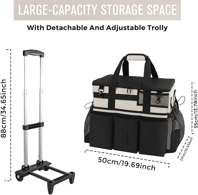 SCAVATA Rolling Cleaning Caddy Bag with Detachable Trolley, Large Cleaning Supplies Organizer with Wheels, Multi-Pocket Cleaning Cart with Adjustable Shoulder Strap for Housekeepers (CreamWhite)