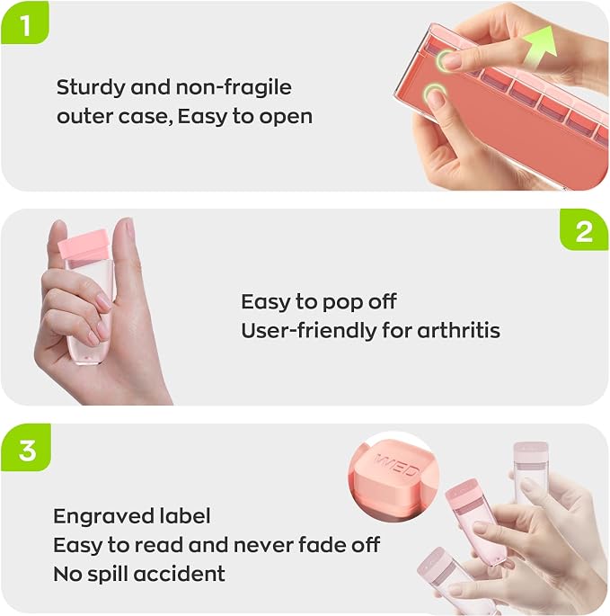 HIONXMGA Weekly Pill Organizer, Detachable 7-Color Pill Box, Easy to Use | Portable Travel Pill Case Container for Daily Medication Easy Track, Privacy Protection, Built-in Quick Fill Design, Orange