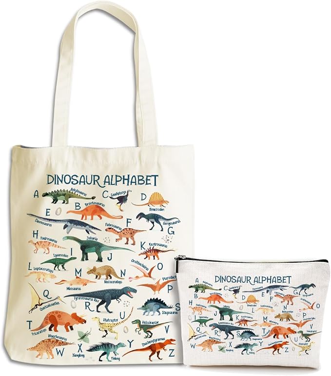 Cute Dinosaur Gifts Dinosaur Lovers Gift for Women Daughter Sister Girls Animals Lovers Birthday Christmas Canvas Tote Bag Makeup Bag Reusable Grocery Bags with Inner Pocket for Beach Shopping