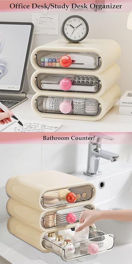 3-Tier Makeup Organizer with Clear Drawers for Vanity Desk | ABS+PET dustproof storage for Skincare/Stationery/Hair Accessories. Ideal for Women/Students/Girls in Bathroom/Desk/Dorm