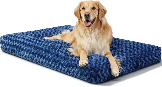 KSIIA Washable Dog Beds Large Sized Dog Crate Bed Plush Mat 41"x27" Blue | Deluxe Plush Comfy Kennel Pad, Anti-Slip Bottom,Deep Sleeping Mat for Large Dogs,Machine Washable for Easy Cleaning