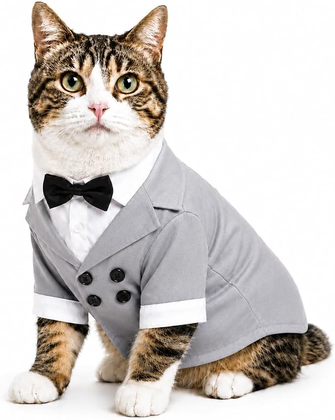 Lovelonglong Pet Costume Dog Suit Formal Tuxedo with Black Bow Tie for Small Dog Yorkshire Terrier Clothing Gray S