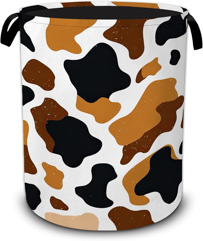 Cow Skin Laundry Basket with Handles,Black Brown Foldable Oxford Laundry Hamper,Collapsible Clothes Storage Basket for Laundry Room/Bathroom/Bedroom/Dormitories 20.8 x 16 Inches