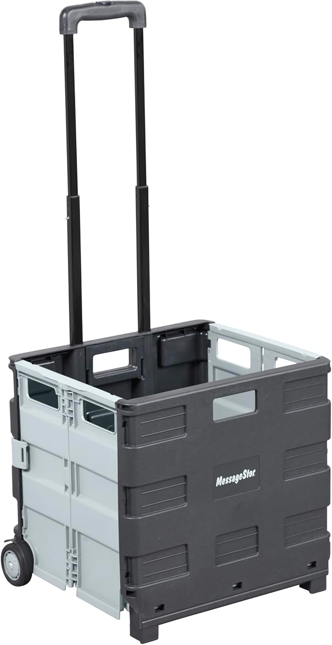 ECR4Kids Universal Collapsible Rolling Utility Storage Cart, Black | Durable plastic, adjustable handle, 40 lb capacity, collapses to 3" thick for storage, rolling wheels for easy transport