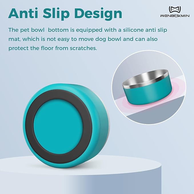 WENBOKMIN Dog Bowl, Stainless Steel Dog Food and Water Bowl with Non Slip Quiet Bottom, Easy to Clean, Dishwasher Safe, 40oz, Lake Blue
