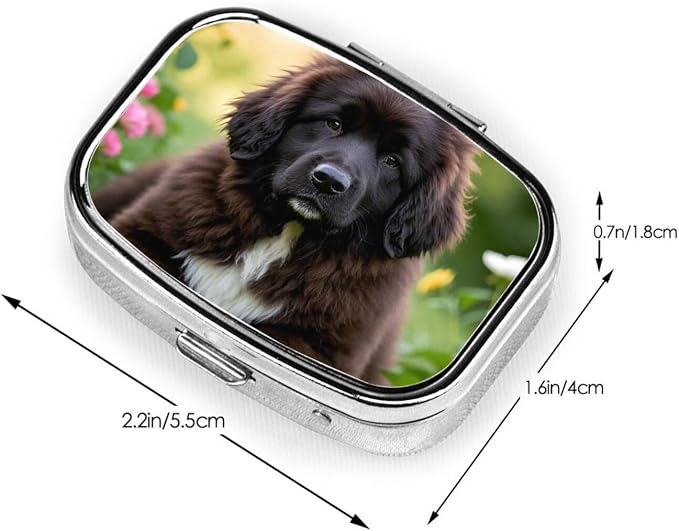 Pill Box with Mirror 2 Compartment Cute Pet Newfoundland Dog Small Pill Case for Purse Or Pocket Mini Metal Pill Holder Travel Weekly Medicine Tablet Vitamin Holder Organizer Travel Gifts
