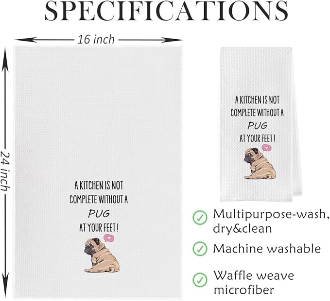 Funny Pug Dish Towels - Decorative Waffle Weave Kitchen Hand Towel, Tea Towel Gift for Pug Lovers (1624 Inches)