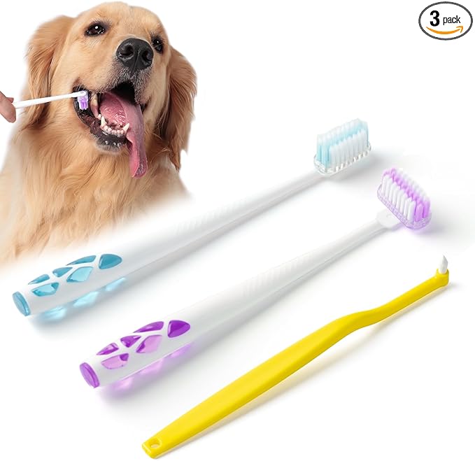 E.M&S.T by Emmeliestella Dog Toothbrush for Large Dogs, Pet Dental Care, Reduce Pets Teeth Plaque, Soft Bristles, 360 Rotating Brush Head, Removing Bad Breath Tartar, 3PCS (Green&Purple)