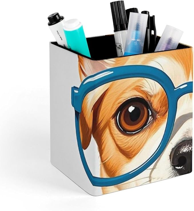 Pet Dog Soft Bow Tie, Oversized Glasses Leather Pen Holder, Square Pencil Box for Office