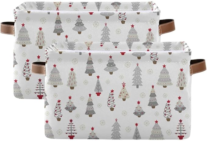 Christmas Tree Gray Storage Basket Fabric Kitchen Baskets Winter Snowflake White Grey Open Home Storage Bins Boxes Foldable Organizer Bag for Book Shelf Closet Baskets 16×12×8 Inches 2 Pack