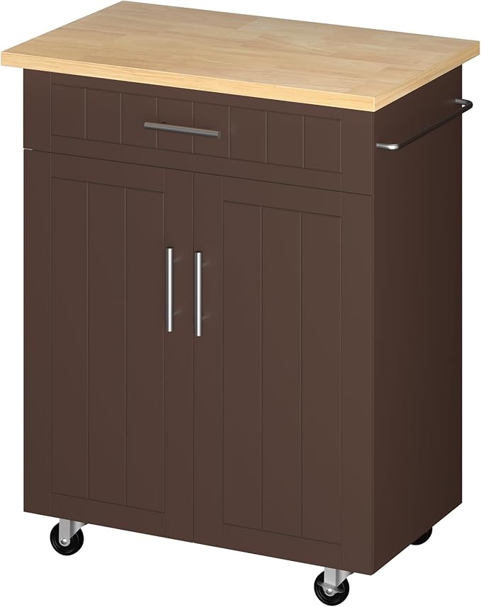 JY QAQA 26" Kitchen Island on Wheels with Storage Cabinet Kitchen Cart Cabinet with Shelves, Cart Handle for Towel Rack or Free Mobility, Portable Islands for Kitchen,Brown