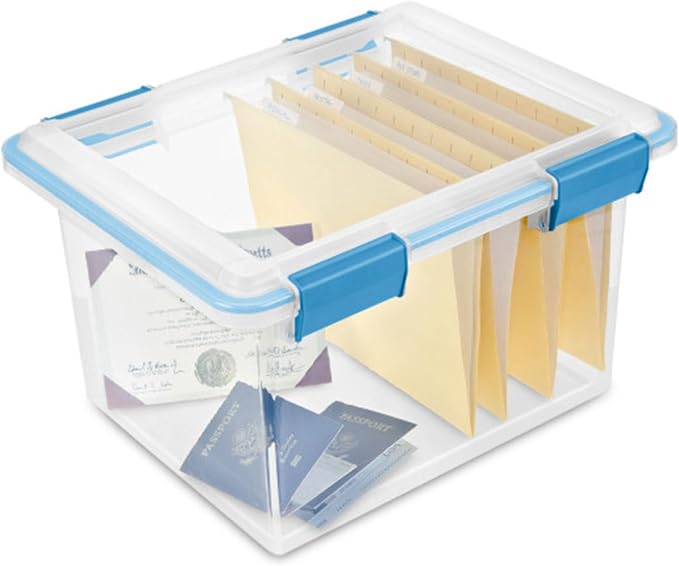 Sterilite Gasket Storage Box with Lids for Home & Office, 32 Quart, 8-Pack | Heavy-Duty, Stackable, and Organizing Containers for Bathroom, Cabinet, Closet, and Garage, Clear and Blue Aquarium Latches