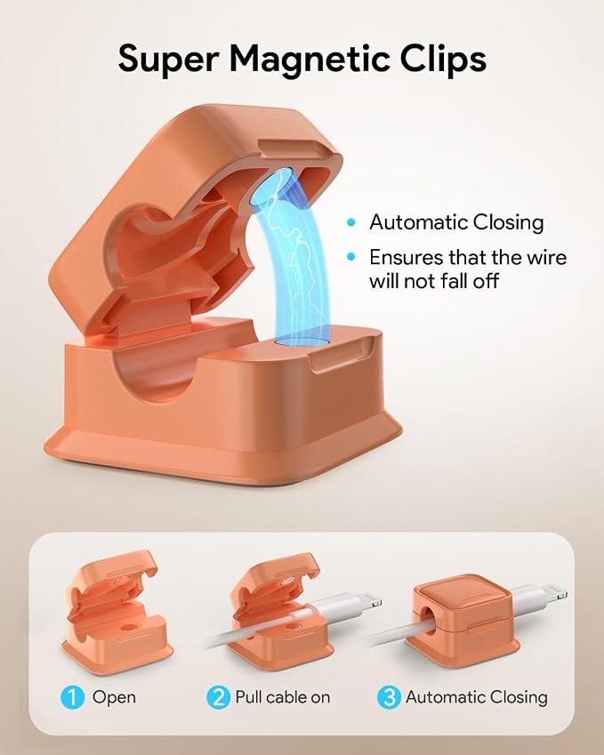 8 Pack Cord Organizer, Magnetic Cable Clips, Under Desk Management, Orange | 0.27in Cable Compatible,Strong Adheive Wire Holder Keeper,Easy Open Phone Charger Holder for Home Car Desk Nightstand Office