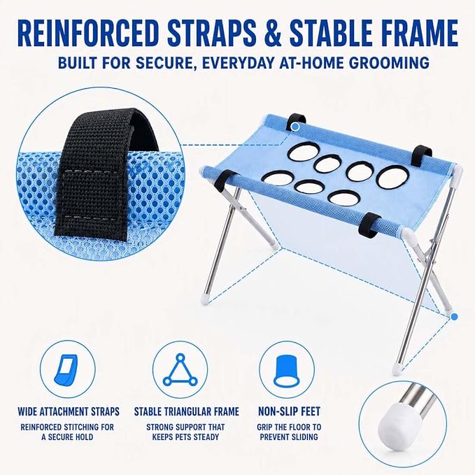 2-in-1 Foldable Pet Grooming Bed, Pet Bathing Stand, Portable Shower Station with Quick-Dry Mesh Sling, Home Nail Trimming Rack to Relieve Back Strain (B)
