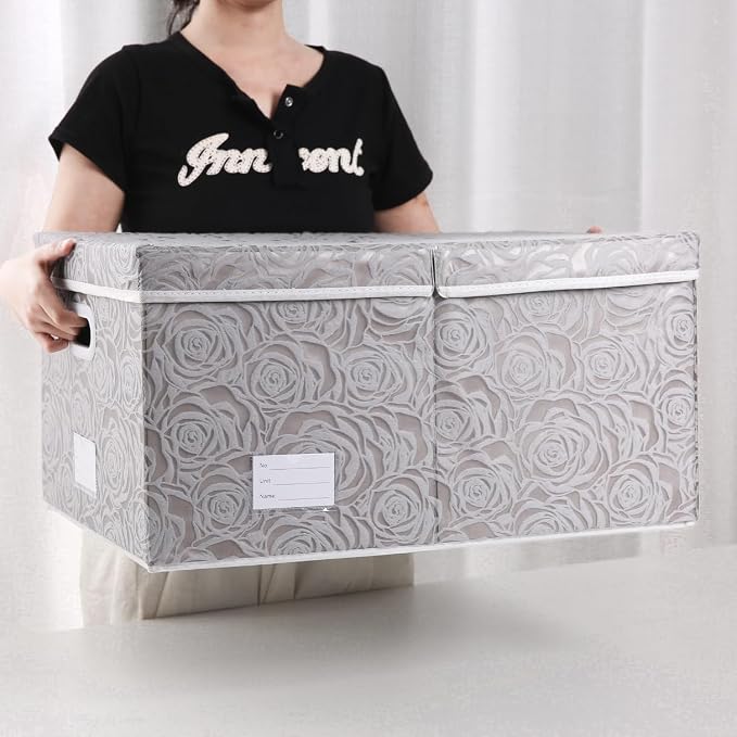 Jumbo Collapsible Storage Boxes with Lids Fabric Decorative Storage Bins Cubes Organizer Baskets with Cover Handles Divider for Bedroom Closet Living Room 23.2x15.7x11.8 Inch 3 Pack