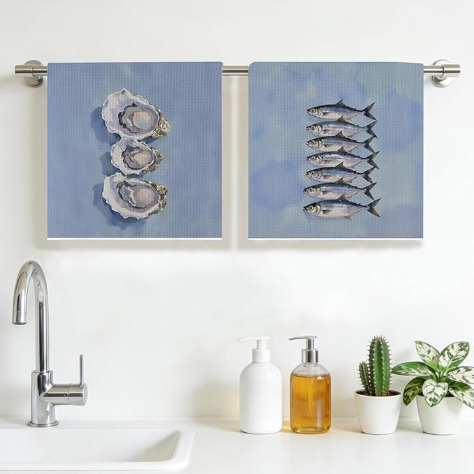 2PCS Vintage Sardines Oyster Kitchen Towels 14x24 Inch, Microfiber Decorative Dish Cloth Tea Towel, Sardines Waffle Hand Towels for Home Farmhouse Kitchen Bathroom, Housewarming Gifts for Women Men