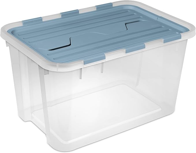 SteriliteHinged Lid Storage Box Plastic Container, 60 Quart, 6 Pack | Washed Blue - Home Organizer Tote for Storing Shoes, Crafts, Clothing, or Decor