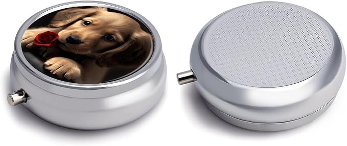 Cute Pet Dog Round Metal Pill Organizer 3 Compartment Travel Pill Case with Mirror Waterproof & Leak-Proof for Daily Meds Vitamins Supplements Fits in Purse Pocket Bag