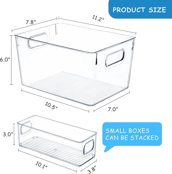 Set of 8 Pantry Organizers and Storage, Clear Plastic Bins(4L+4S) | BPA-free PETG storage containers with handles, ideal for kitchen, fridge, bathroom, cabinet, office, and dorm organization