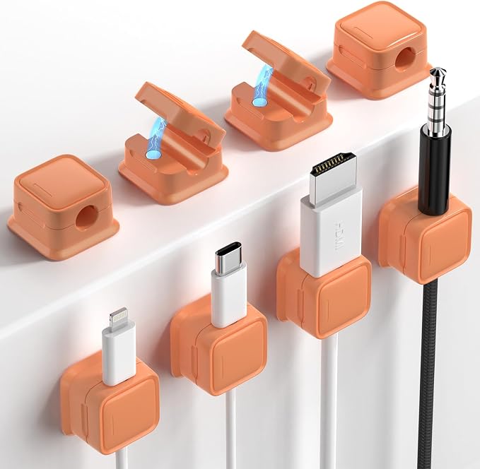8 Pack Cord Organizer, Magnetic Cable Clips, Under Desk Management, Orange | 0.27in Cable Compatible,Strong Adheive Wire Holder Keeper,Easy Open Phone Charger Holder for Home Car Desk Nightstand Office
