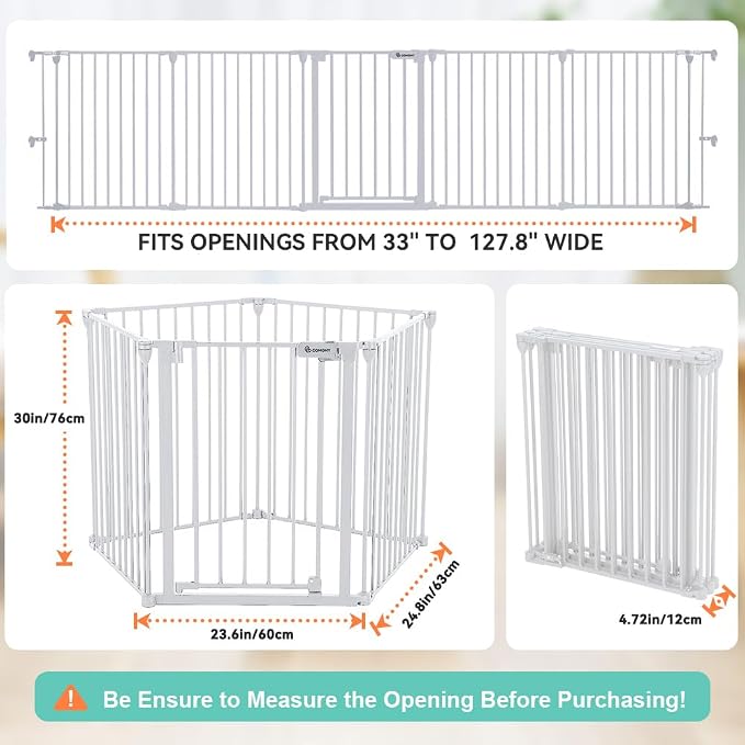 COMOMY 127.8" Extra Wide Baby Gate, Dog Gate for House Stairs Doorways | Auto Close Pet Gate with Door Walk Through, 5 Metal Panels, Hardware Mounted Baby Fence Indoor Outdoor(30" Tall,White)