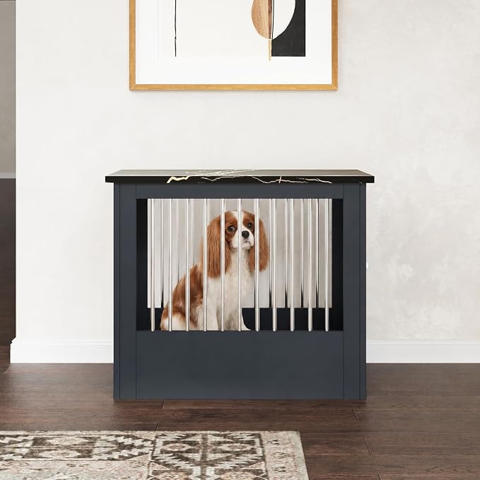 30" Wooden Dog Crate Furniture,Medium Kennel Pet Cage End Table for Indoor | for Small Medium Dogs, Grey and Black, Fits Living Room Bedroom, Heavy Duty Steel Frame with Lock 45 lbs Cap, 100 lbs Top.
