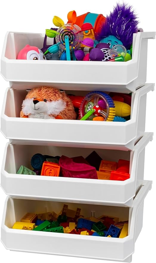 Extra Large Stackable Plastic Storage Bins, 4-Pack, White | Open-Front Stackable Bins For Garage, Pantry, Closet & Office, 14,8"L X 16,5"W X 7"H, Nests When Empty, Durable Plastic,
