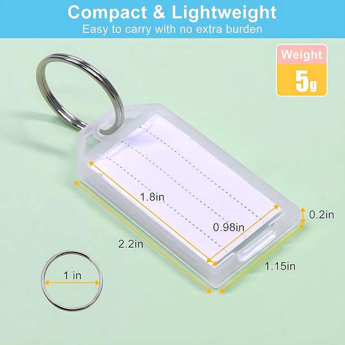 Coideal White Plastic Key Tags with Labels - 60 Pack Tough Key Chain Tag Rectangle ID Identifiers with Clear Label Window and Strong Split Ring for Luggage