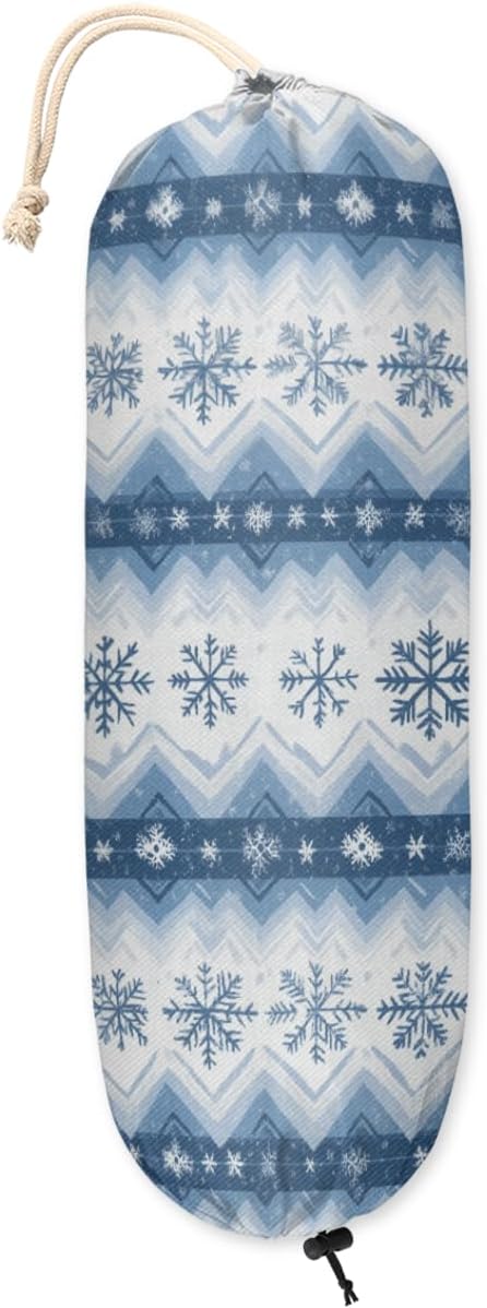Winter Snowflake Plastic Bag Holder Blue Snow Grocery Bag Storage Dispenser Washable Hanging Shopping Bags Carrier Reusable Wall Mount Trash Bag Organizer for Kitchen Pantry