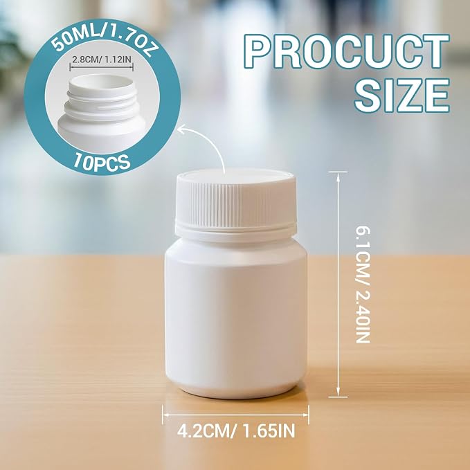 10 Pack 1.8oz Travel Pill Bottles - White Food Grade Plastic with Screw Caps & Labels, Small Pill Organizer for Pills, Vitamins, Capsules