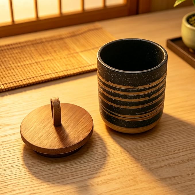 10oz Ceramic Food StorageContainer with Lid & Spoon,Sugar Bowl,Airtight Coffee Matcha Containe,Loose Leaf Tea Storage,Salt Cellar,Spice Jar(Black Spiral Pattern)
