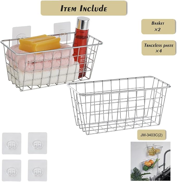 JUNCHU CHERRY 2 Pack Hanging Storage Basket, Bathroom Basket, Household Goods, with Traceless Tape, no Drilling, for Cabinet Storage, Kitchen, Bathroom, Storage Room,Chrome